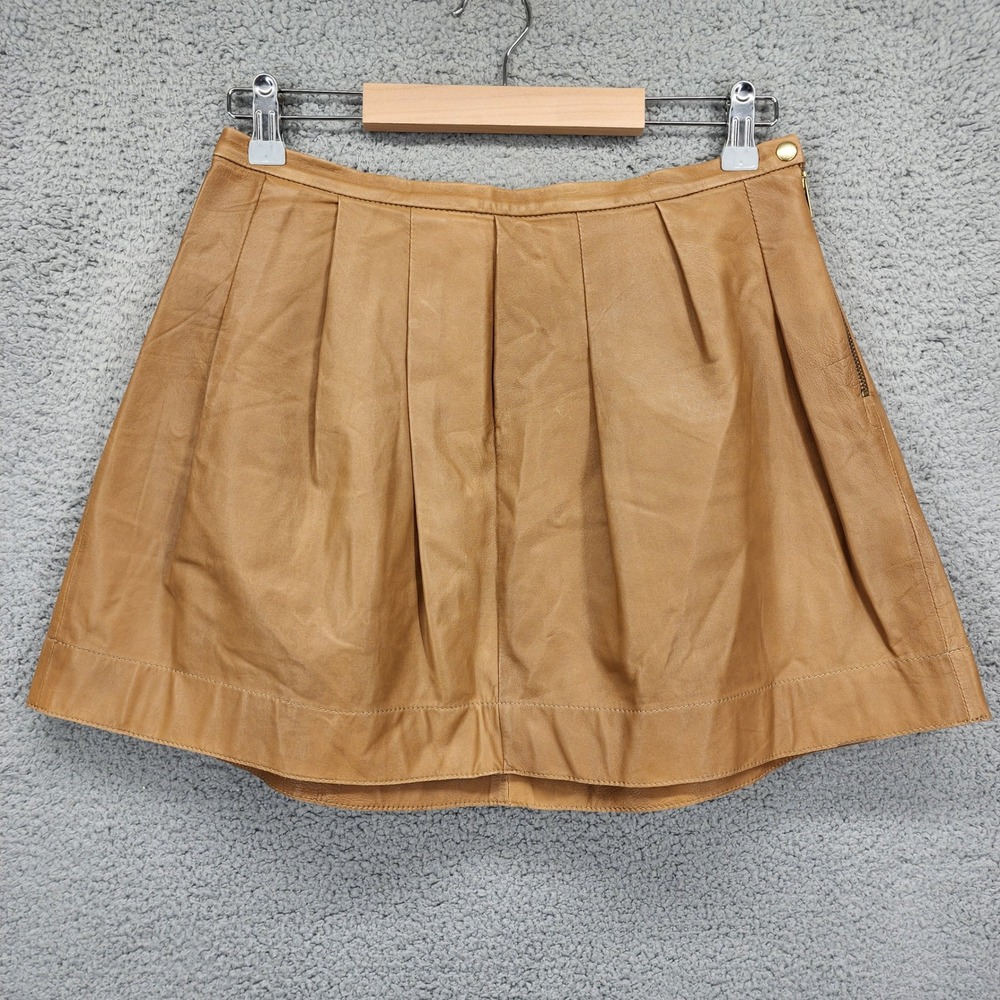 Rebecca Taylor Tan Pleated Sheep Leather Mini Skirt Size 6 Camel A-Line Side Zip